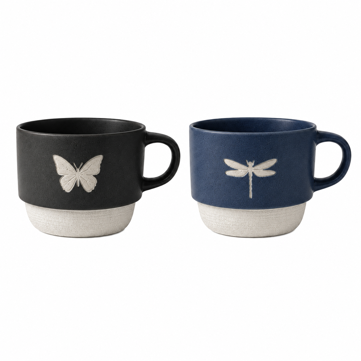 Zweifarbige Crackle-Glasur geprägte Insekten-Keramik-Kaffeetasse Großhandel OEM ODM individuelles Logo breiter Henkel Steingut-Trinkbecher für Zuhause