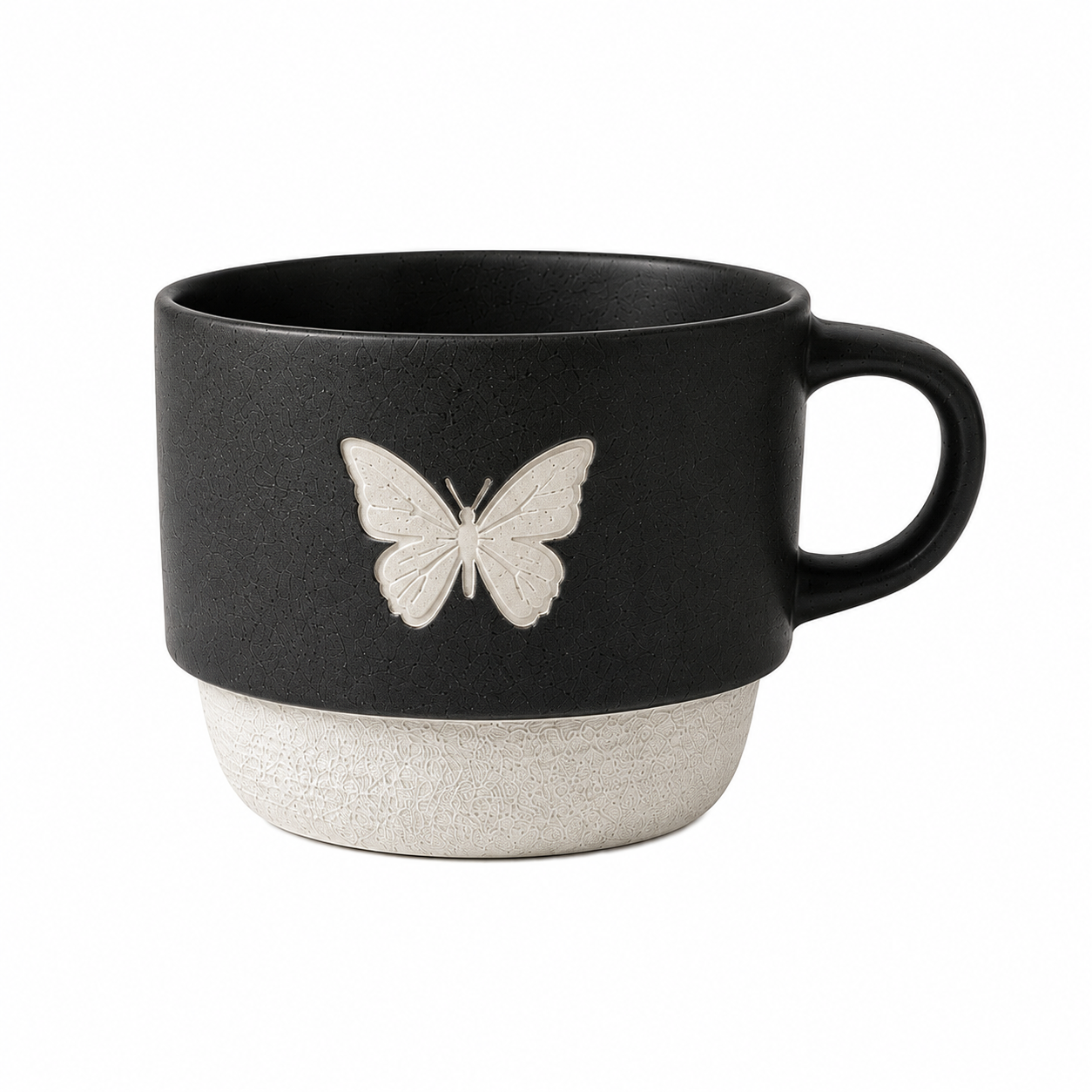 Zweifarbige Crackle-Glasur geprägte Insekten-Keramik-Kaffeetasse Großhandel OEM ODM individuelles Logo breiter Henkel Steingut-Trinkbecher für Zuhause