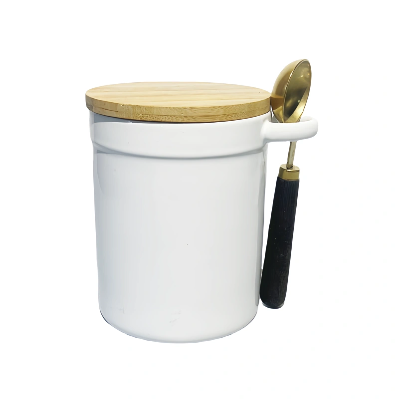 Kitchen Canister Stoneware Storage Jar with Wooden Lid & Spoon