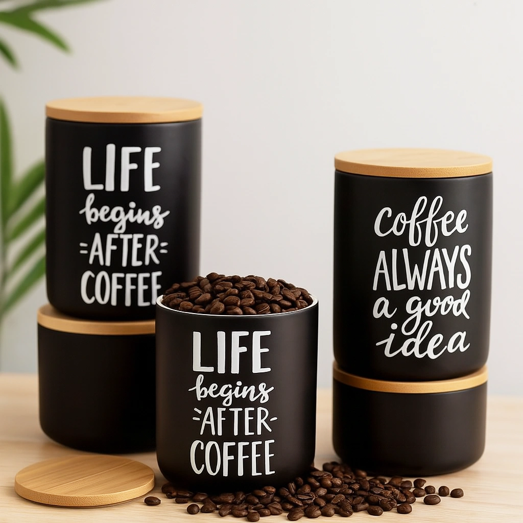 Schwarze Keramik-Kaffeegefäße mit Bambusdeckel