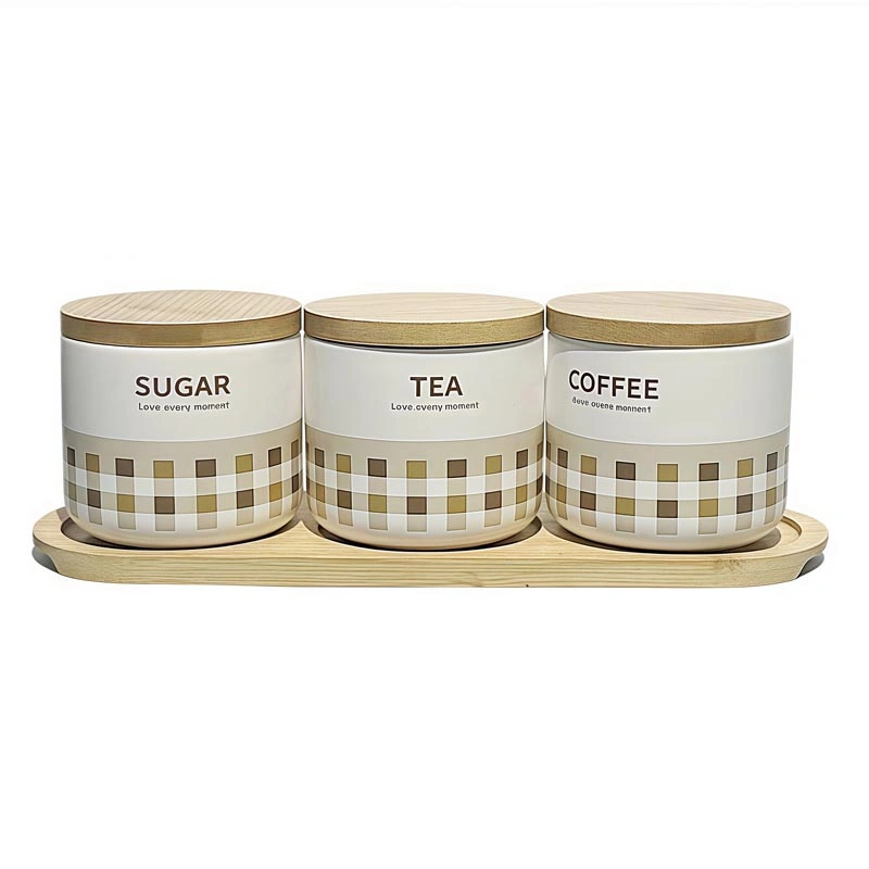 Set of 3 Ceramic Canister Set with Bamboo Lids & Tray