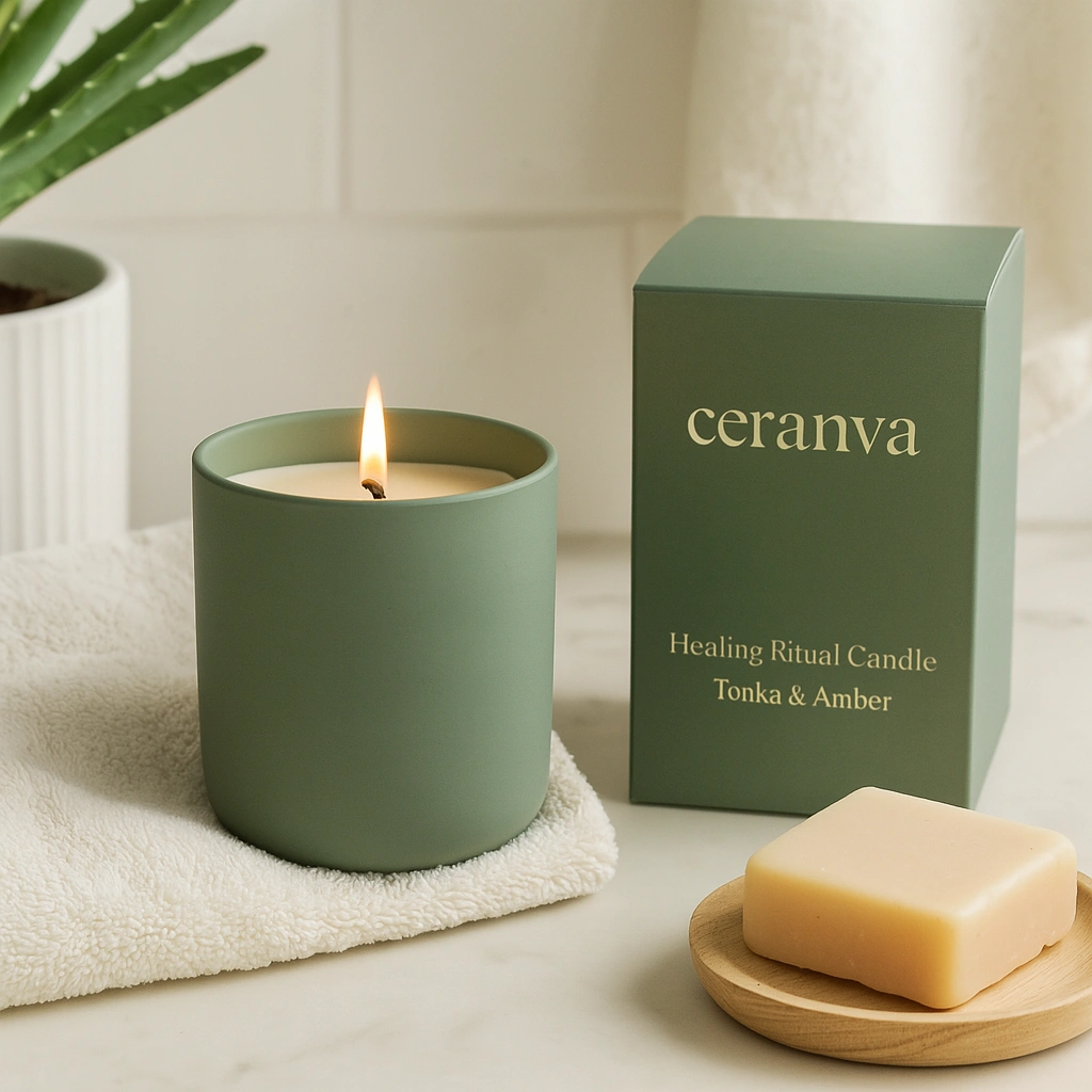 Bougie en céramique verte mate avec coffret – marque privée personnalisable