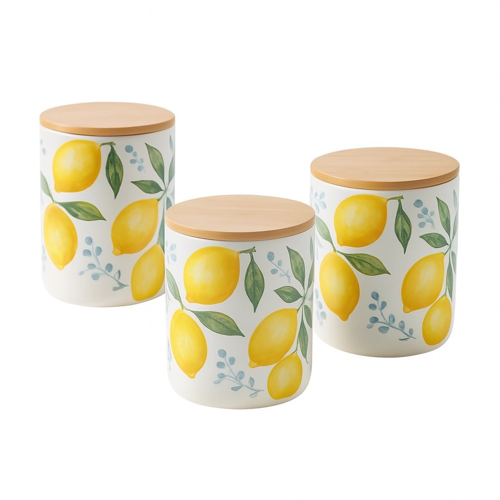 Lemon Print Ceramic Storage Jar with Bamboo Lid
