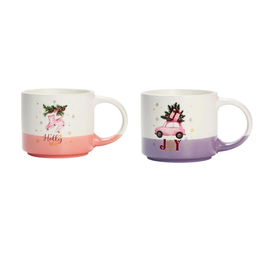 Grande tasse en céramique JOY, mug de Noël voiture rose pour cadeau de fêtes