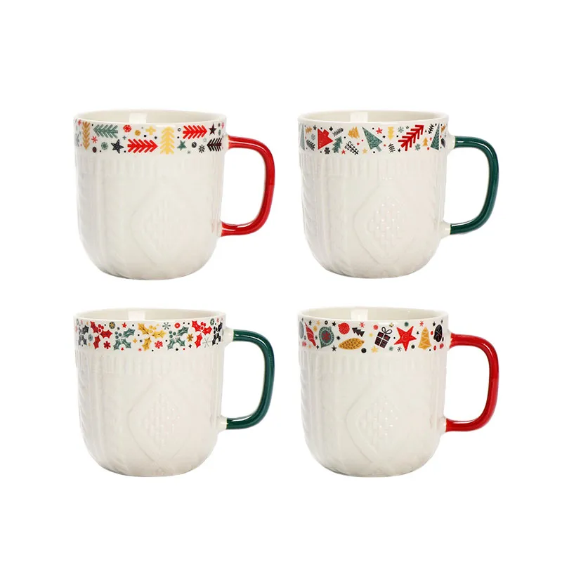 Nordic Holiday Mug Set Textured Ceramic Cups with Festive Rim