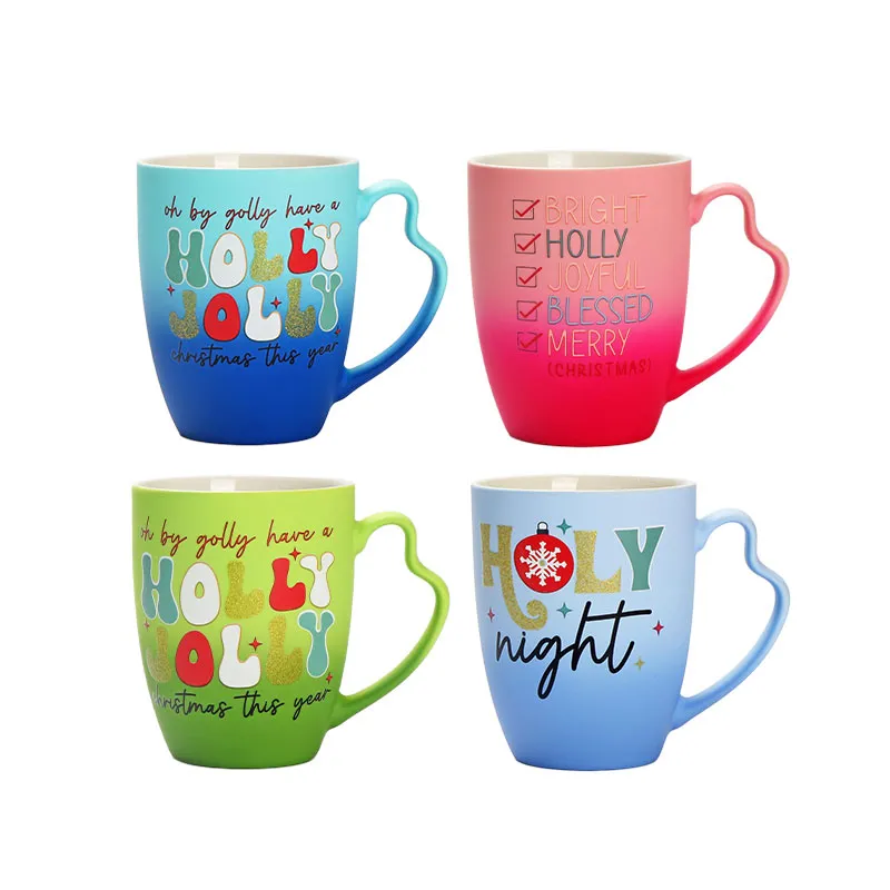 12oz Spray Glaze Ceramic Cups Gradient Heart Handle Christmas Mugs
