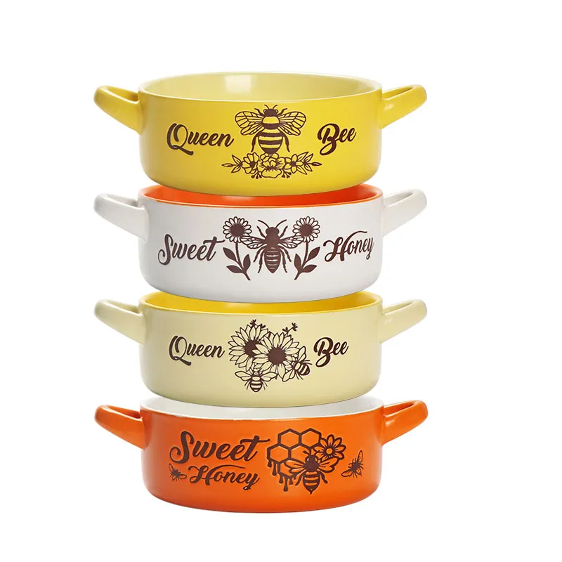 Bee & Honey Dual-Handle Ceramic Bowl Set -Queen Bee Collection